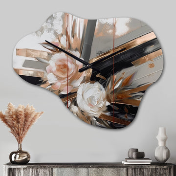 Rose Gold Linear Floral Elegance III - Asymmetric Metal Wall Clock
